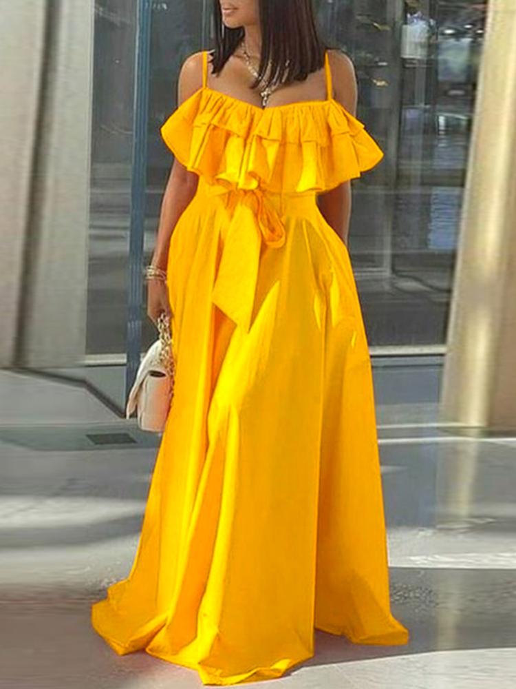 Elegant Office Dress Solid Ruffled Sexy Off Shoulder A-Line Dress Holiday Beach Robe