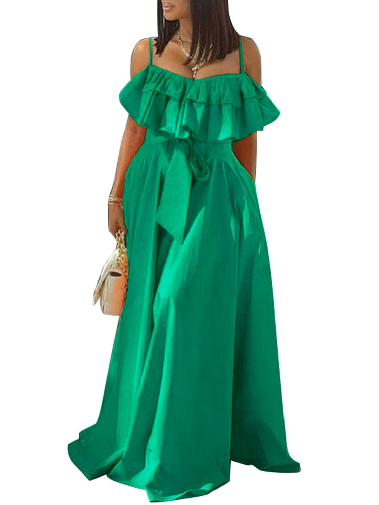 Elegant Office Dress Solid Ruffled Sexy Off Shoulder A-Line Dress Holiday Beach Robe Green
