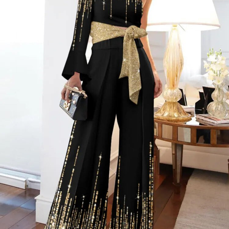 Elegant Patchwork Shiny Glitter Halter Party 2pc Sets Women Fashion Wide Leg Set Spring Sexy Off Shoulder Bandage Suits Outfits 02 Black