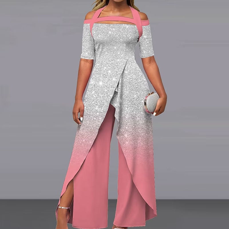 Elegant Pattern Print Short Sleeve Long Jumpsuit Women Chic Backless Lace-up Irregular Overall 2024 Fashion Female Split Romper