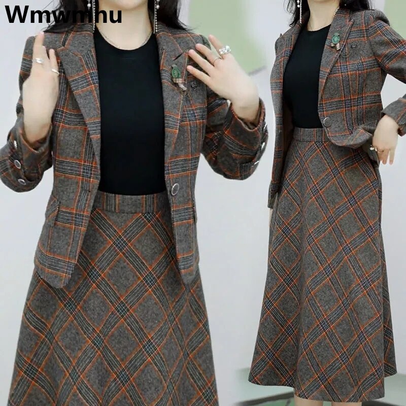 Elegant Plaid Skirts 2 Piece Set Slim Blazer Tops + A-line Vintage Skirt Korean Casual Tracksuit Spring Fall New Women Ensembles red stripe