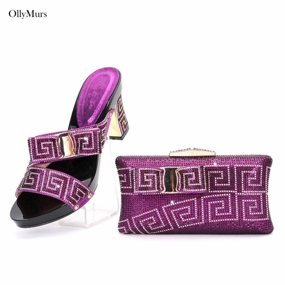 Elegant Rhinestone Slipper Woman Shoes And Purse Set Italian Style Square Heels Shoes And Bag Set For Party