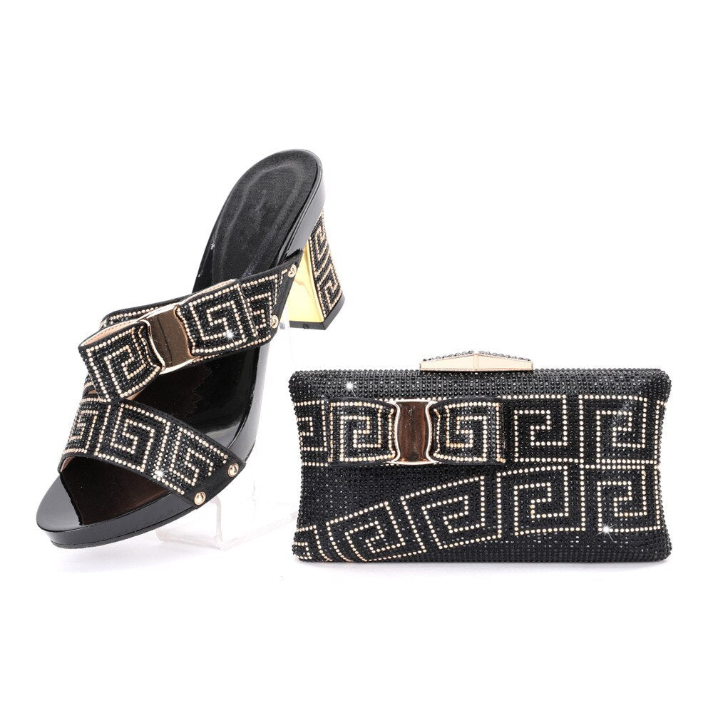 Elegant Rhinestone Slipper Woman Shoes And Purse Set Italian Style Square Heels Shoes And Bag Set For Party Black