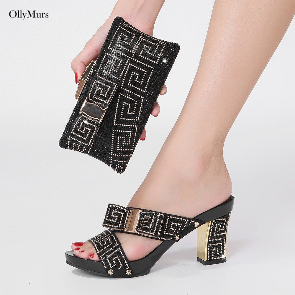 Elegant Rhinestone Slipper Woman Shoes And Purse Set Italian Style Square Heels Shoes And Bag Set For Party