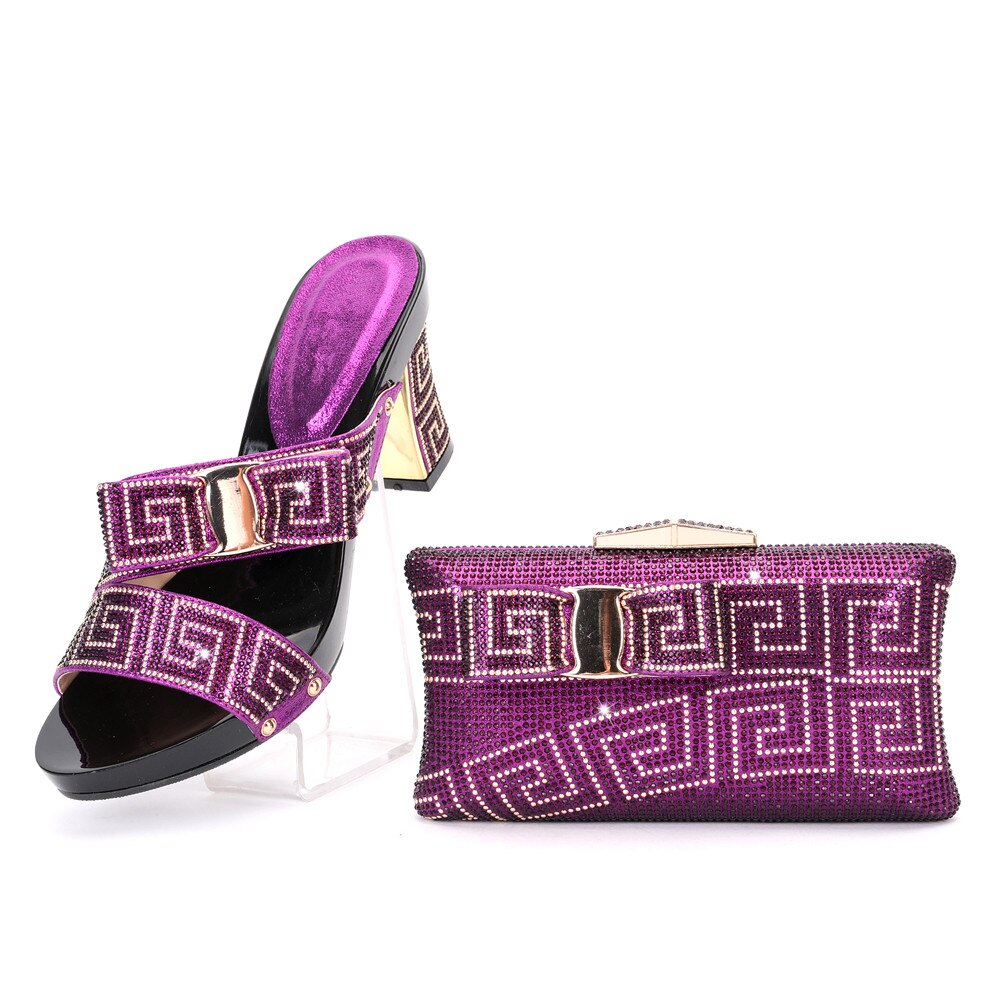 Elegant Rhinestone Slipper Woman Shoes And Purse Set Italian Style Square Heels Shoes And Bag Set For Party Purple