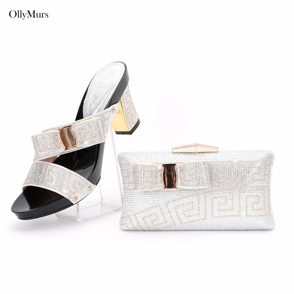 Elegant Rhinestone Slipper Woman Shoes And Purse Set Italian Style Square Heels Shoes And Bag Set For Party