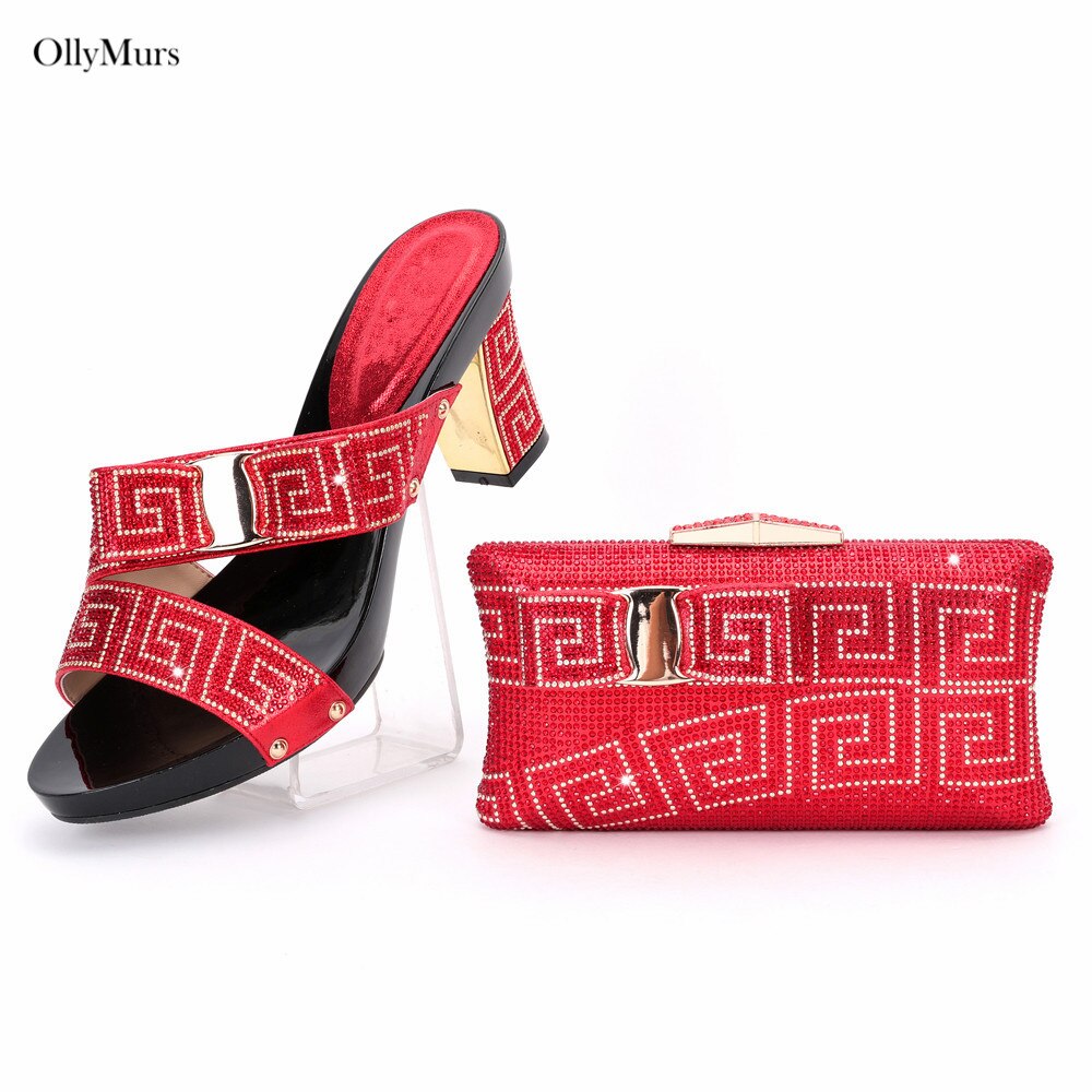 Elegant Rhinestone Slipper Woman Shoes And Purse Set Italian Style Square Heels Shoes And Bag Set For Party