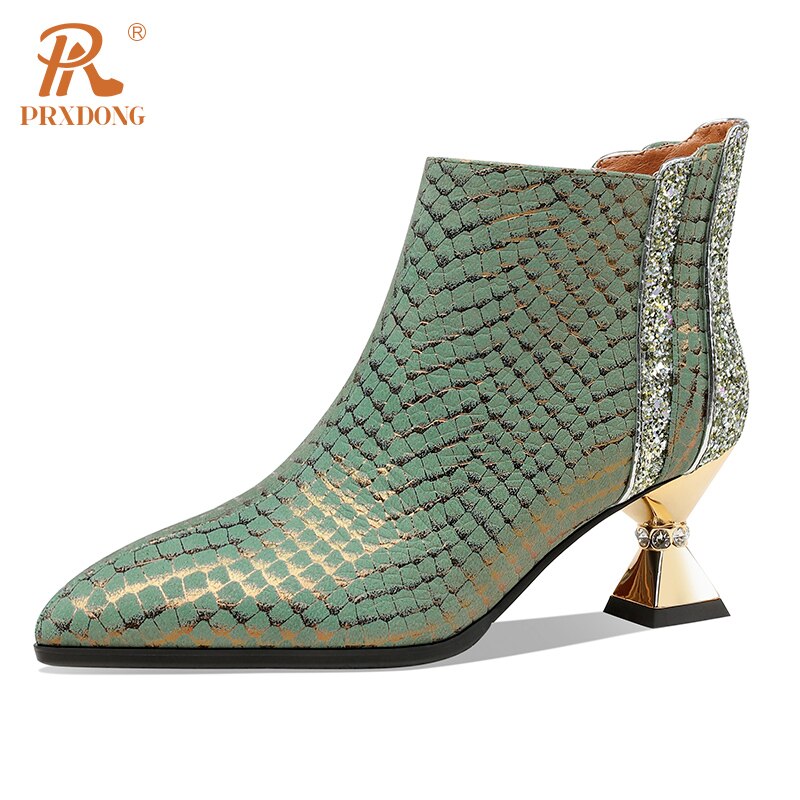 Elegant Side Zipper Women's Warm Ankle Boots Genuine Leather Pointed Toe High Heels Dress Party Wedding Office Lady Shoes Woman green -10