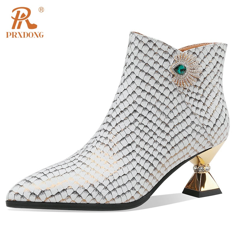 Elegant Side Zipper Women's Warm Ankle Boots Genuine Leather Pointed Toe High Heels Dress Party Wedding Office Lady Shoes Woman silver crystal