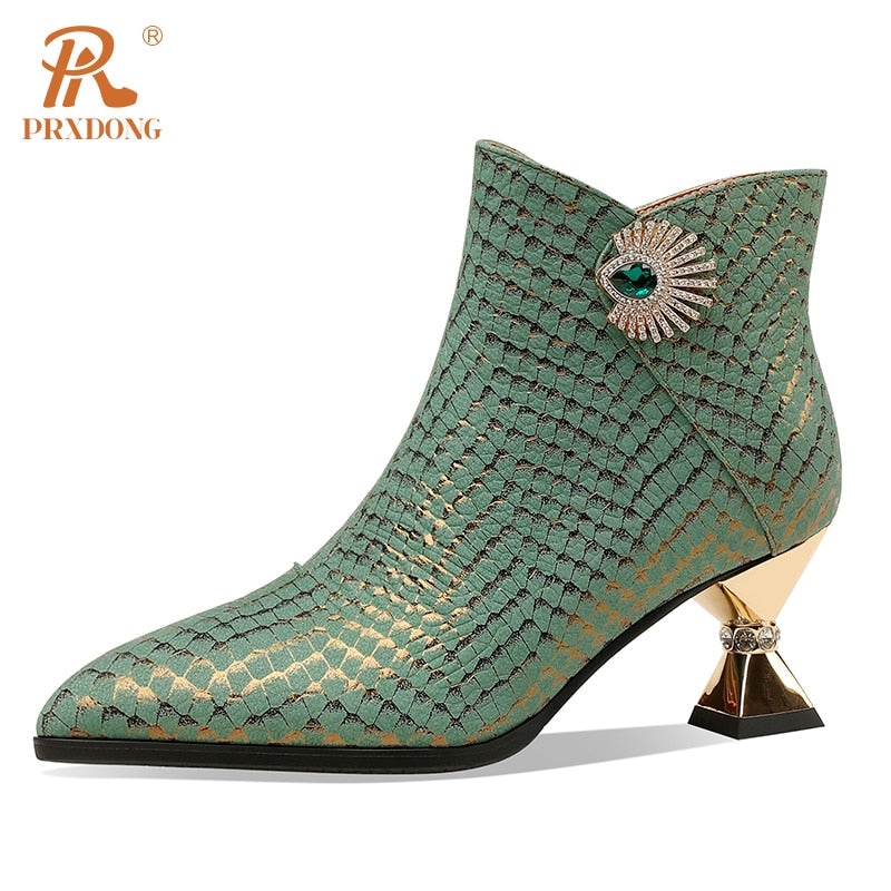 Elegant Side Zipper Women's Warm Ankle Boots Genuine Leather Pointed Toe High Heels Dress Party Wedding Office Lady Shoes Woman green crystal