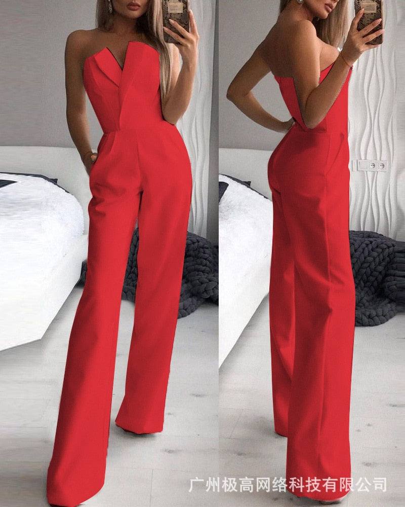 Elegant Slim Office Lady Black Strapless Jumpsuits for women 2022 Summer New Sexy Sleeveless White Red Wide leg Jumpsuits