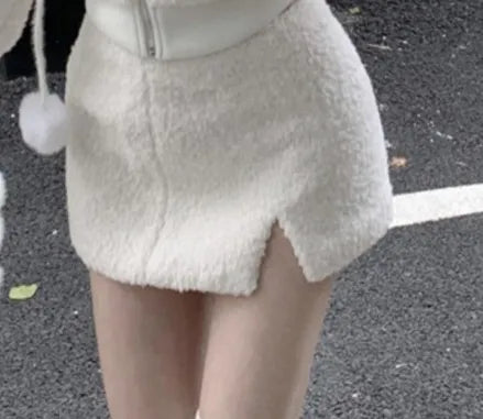 Elegant Solid Two-piece Skirt Sets Women Zipper Hoodies Jacket + Split Mini Skirt Autumn Winter Sexy Korean Style Outfits New Beige Skirt One Size