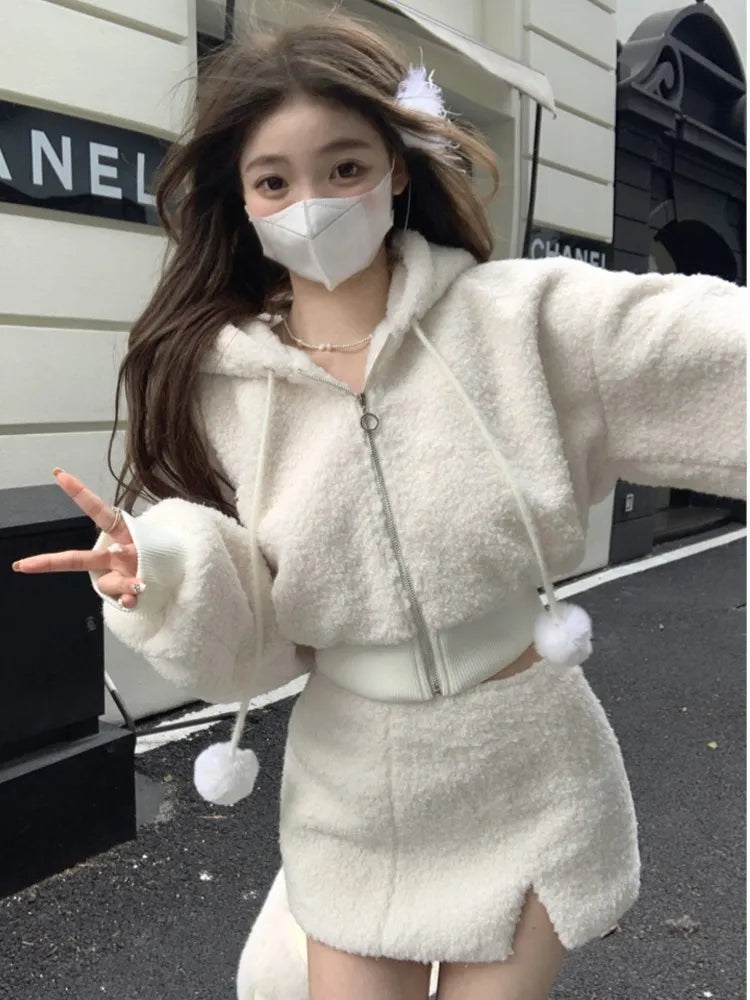 Elegant Solid Two-piece Skirt Sets Women Zipper Hoodies Jacket + Split Mini Skirt Autumn Winter Sexy Korean Style Outfits New