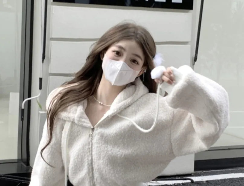 Elegant Solid Two-piece Skirt Sets Women Zipper Hoodies Jacket + Split Mini Skirt Autumn Winter Sexy Korean Style Outfits New Beige Top One Size