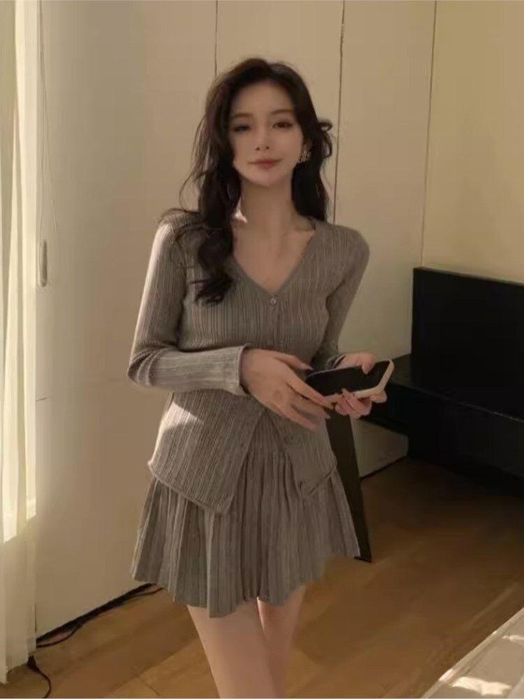 Elegant Two-piece Solid Skirt Sets Women V-neck Long Sleeves Knitted Cardigan + Mini Pleated Skirt Autumn Y2K Korean Chic Suit