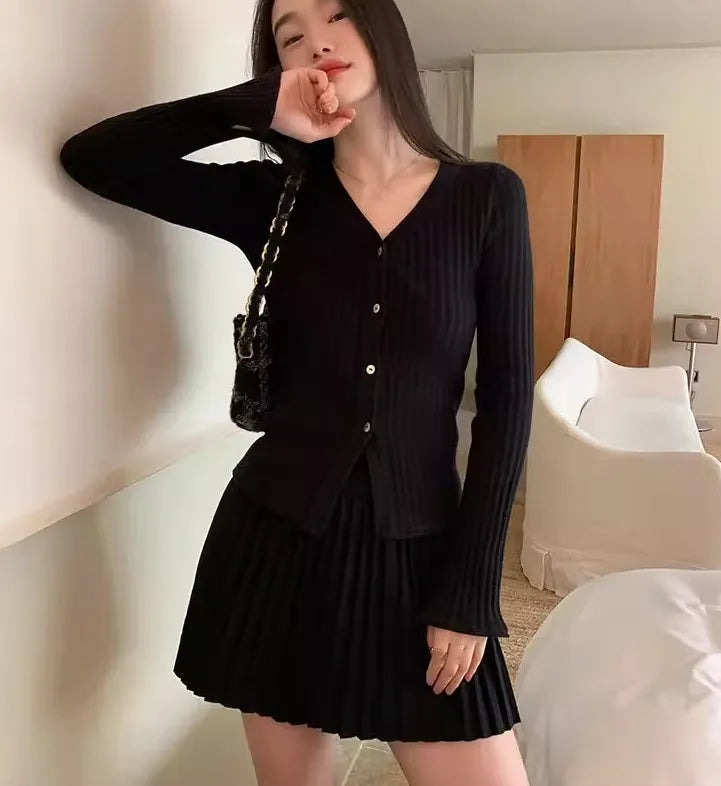 Elegant Two-piece Solid Skirt Sets Women V-neck Long Sleeves Knitted Cardigan + Mini Pleated Skirt Autumn Y2K Korean Chic Suit black One Size