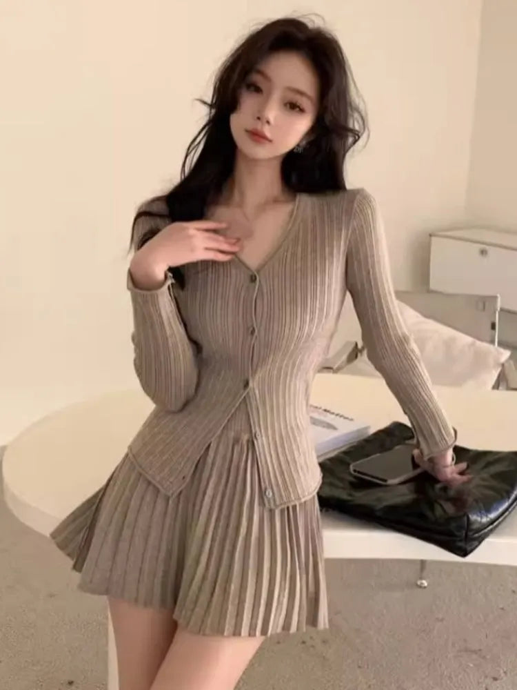 Elegant Two-piece Solid Skirt Sets Women V-neck Long Sleeves Knitted Cardigan + Mini Pleated Skirt Autumn Y2K Korean Chic Suit khaki One Size