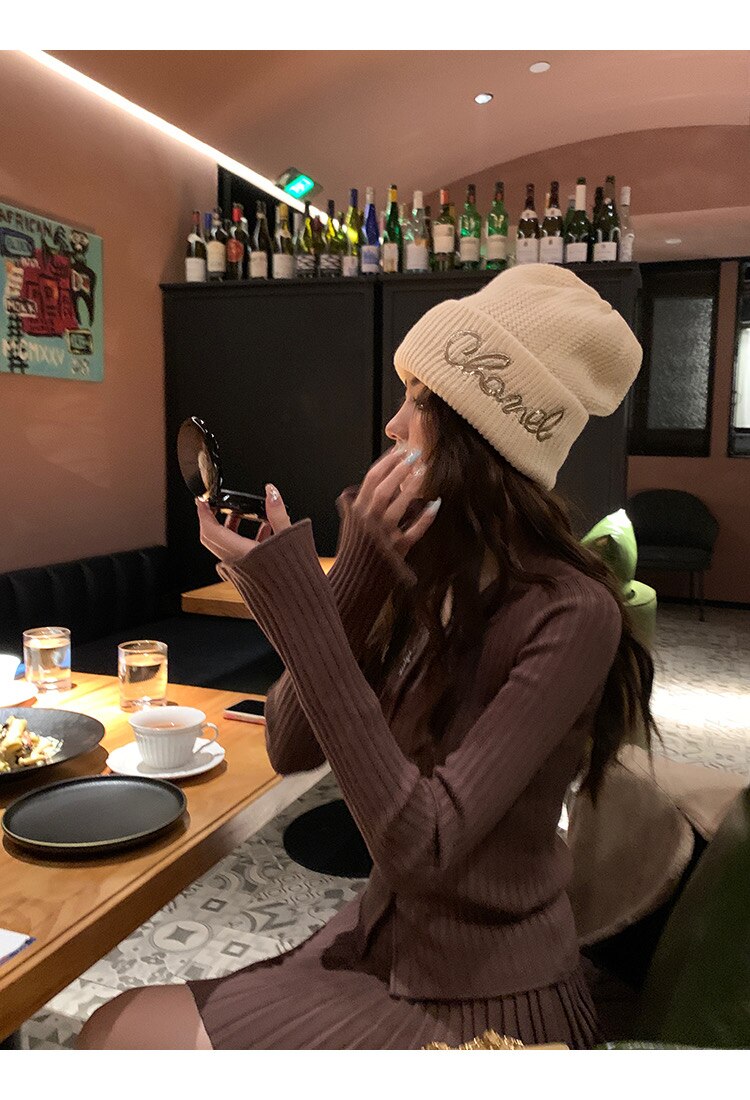 Elegant Two-piece Solid Skirt Sets Women V-neck Long Sleeves Knitted Cardigan + Mini Pleated Skirt Autumn Y2K Korean Chic Suit coffee One Size