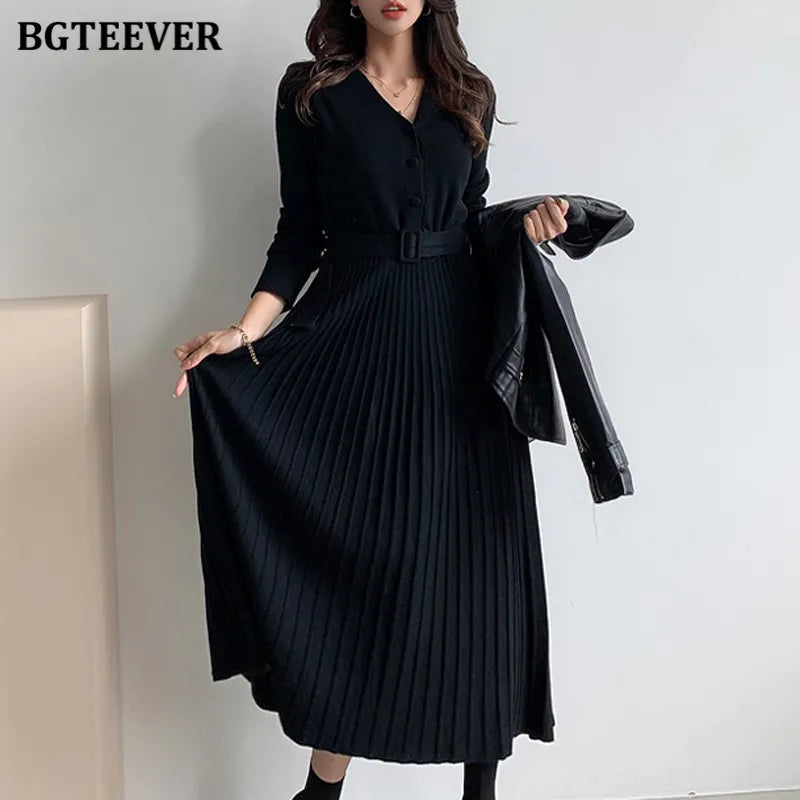 Elegant V-neck Single-breasted Women Thicken Sweater Dress 2021 Autumn Winter Knitted Belted Female A-line soft dresses