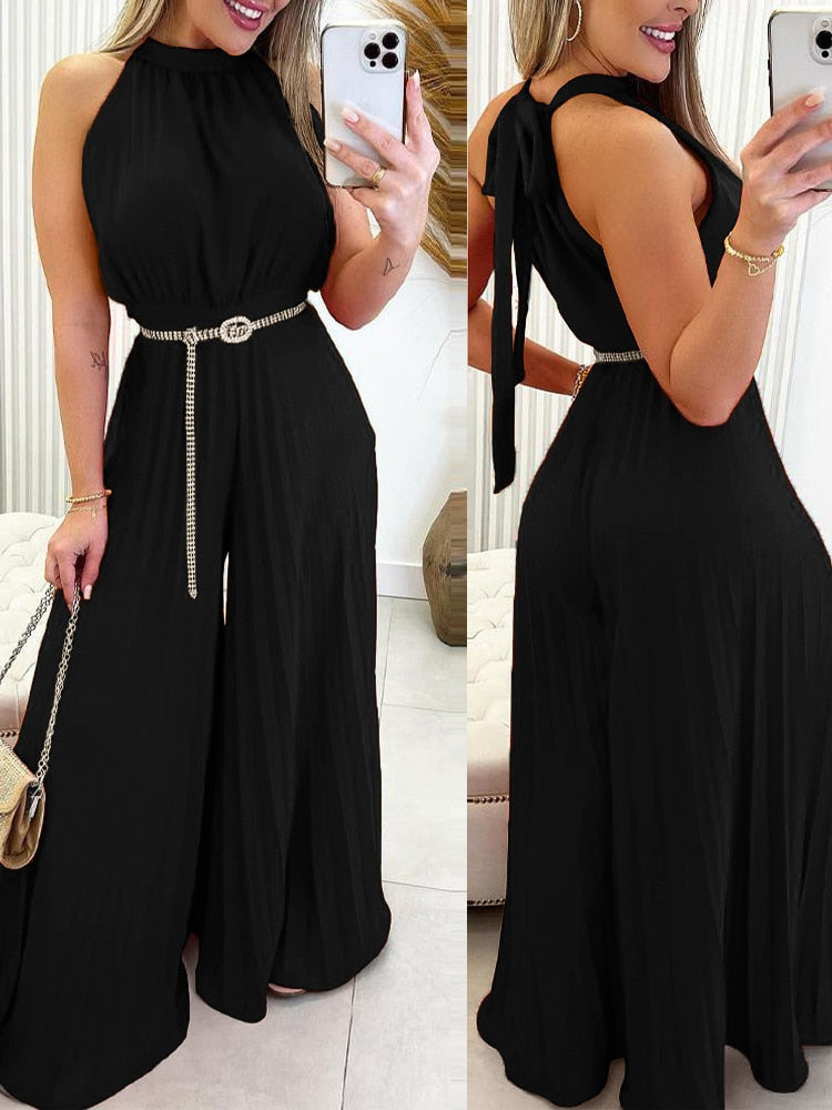 Elegant Women Fashion Red Green Sleeveless Jumpsuit Summer Sexy Halter Tied Detail Plain Pleated Wide Leg Casual Long Jumpsuit Black