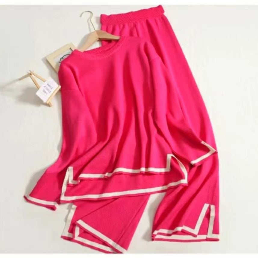 Elegant Women Long Sleeve Tops Knitted 2 Piece Suits Casual Woman Knitting Sweater and Split Long Wide Leg Pant Two Pcs Sets Rose One Size(45-75kg)