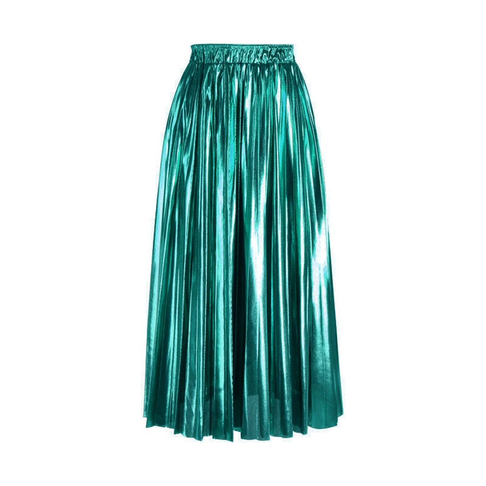 Elegant Women Midi Skirt High Waist Black Silver Gold Solid Color Pleated Skirt Dark Green Waist 58-100cm