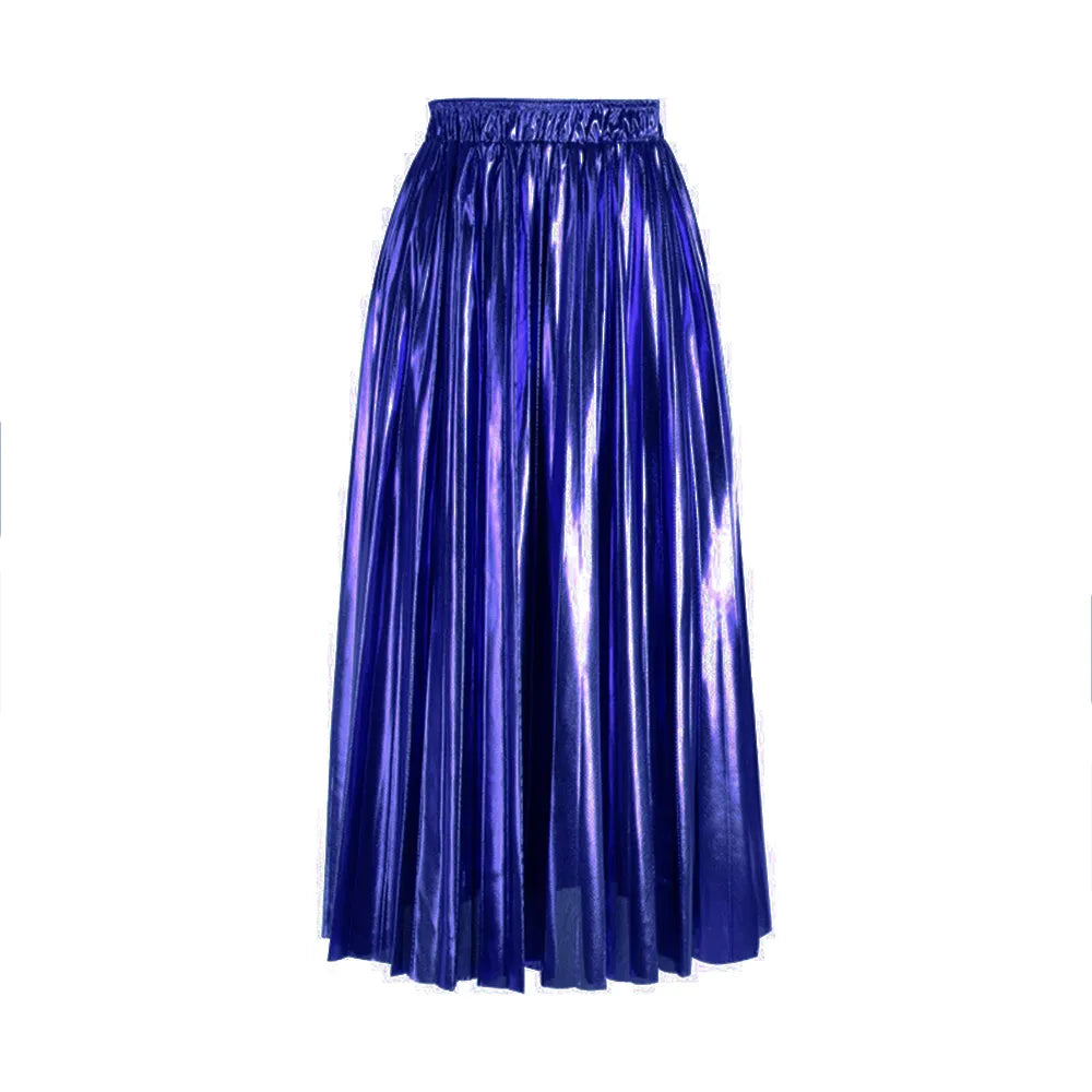 Elegant Women Midi Skirt High Waist Black Silver Gold Solid Color Pleated Skirt Blue Waist 58-100cm