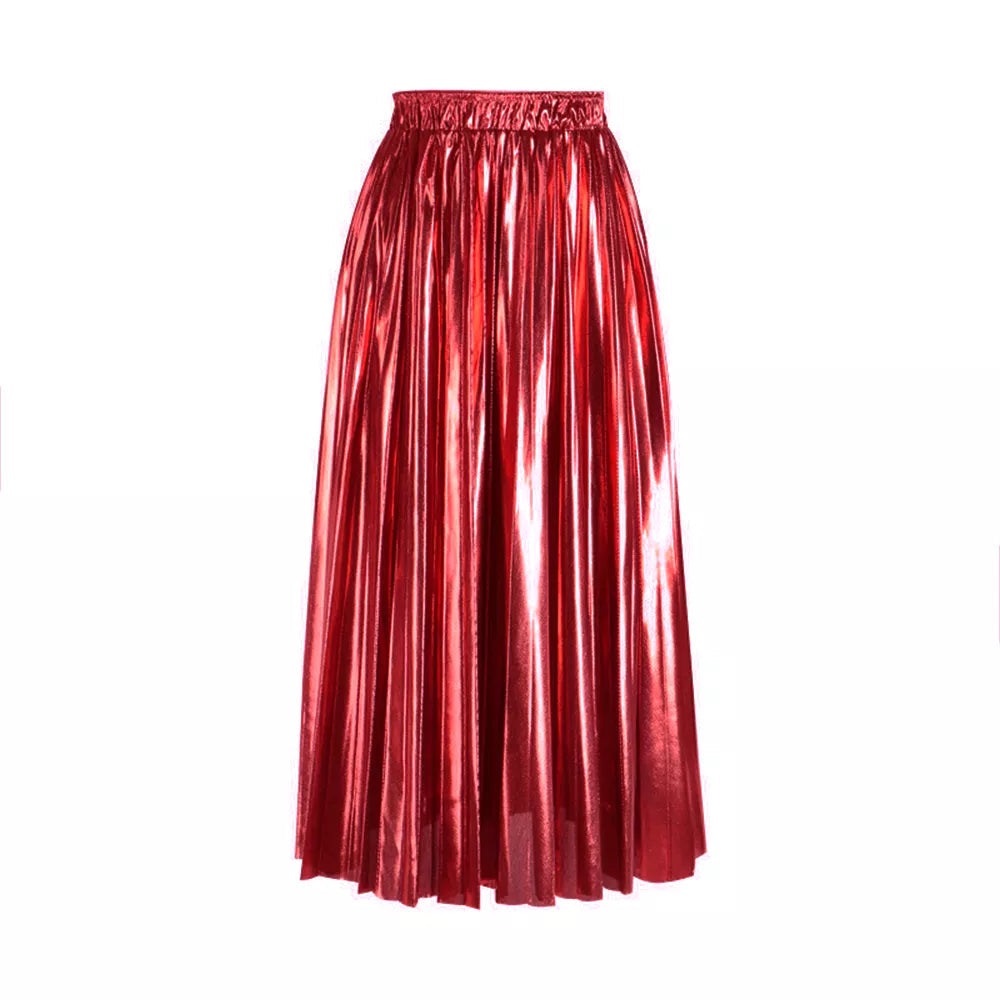 Elegant Women Midi Skirt High Waist Black Silver Gold Solid Color Pleated Skirt Red Waist 58-100cm