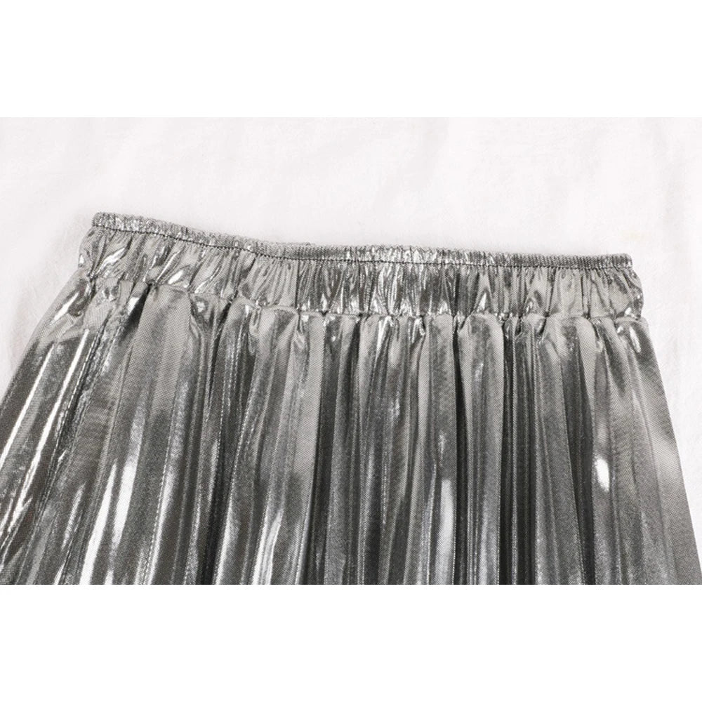 Elegant Women Midi Skirt High Waist Black Silver Gold Solid Color Pleated Skirt
