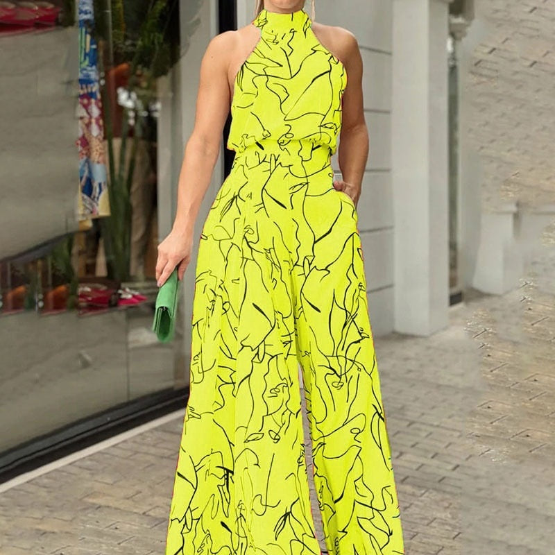 Elegant Women Sleeveless Jumpsuits Sexy Halterneck Long Rompers Wide Leg Pants Fashion Printed Bodysuit Jumpsuit Lady Outfit Yellow