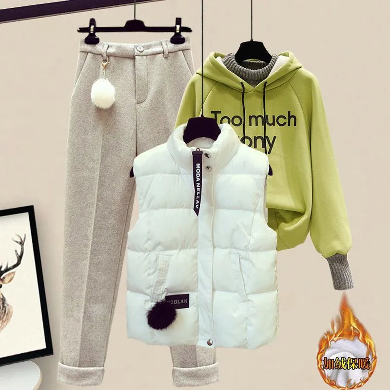 Elegant Women's Pants Set Winter New Korean Thickening Sports Hoodie Casual Cotton Tank Top Flocked Trousers Three Piece three piece set 2