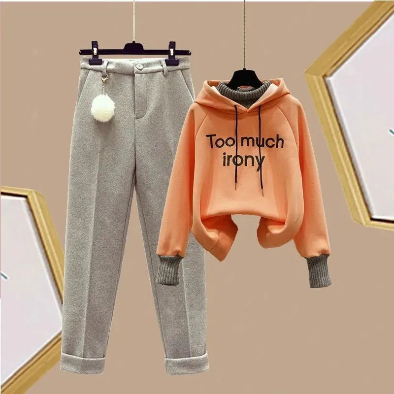 Elegant Women's Pants Set Winter New Korean Thickening Sports Hoodie Casual Cotton Tank Top Flocked Trousers Three Piece two piece set 1