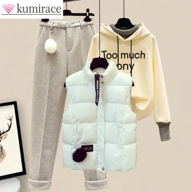 Elegant Women's Pants Set Winter New Korean Thickening Sports Hoodie Casual Cotton Tank Top Flocked Trousers Three Piece