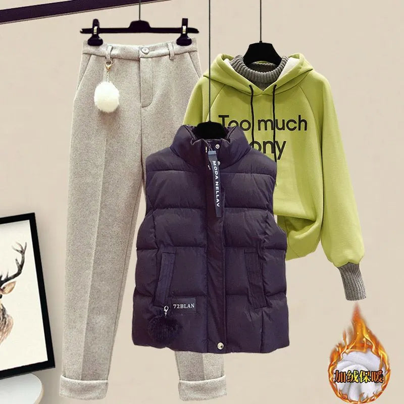 Elegant Women's Pants Set Winter New Korean Thickening Sports Hoodie Casual Cotton Tank Top Flocked Trousers Three Piece three piece set 5