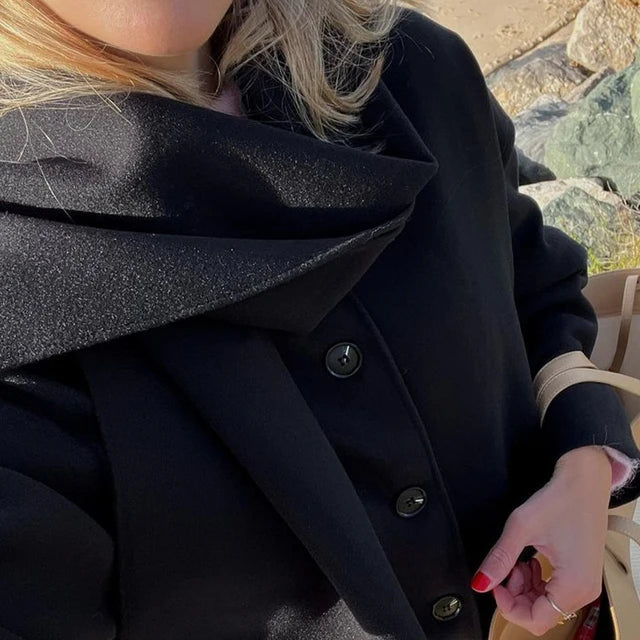 Elegant Woolen Trench Scarf Collar Coat Women Fashion Vintage Windbreakers Jacket Winter Loose Single Breasted Warm Outerwear Black