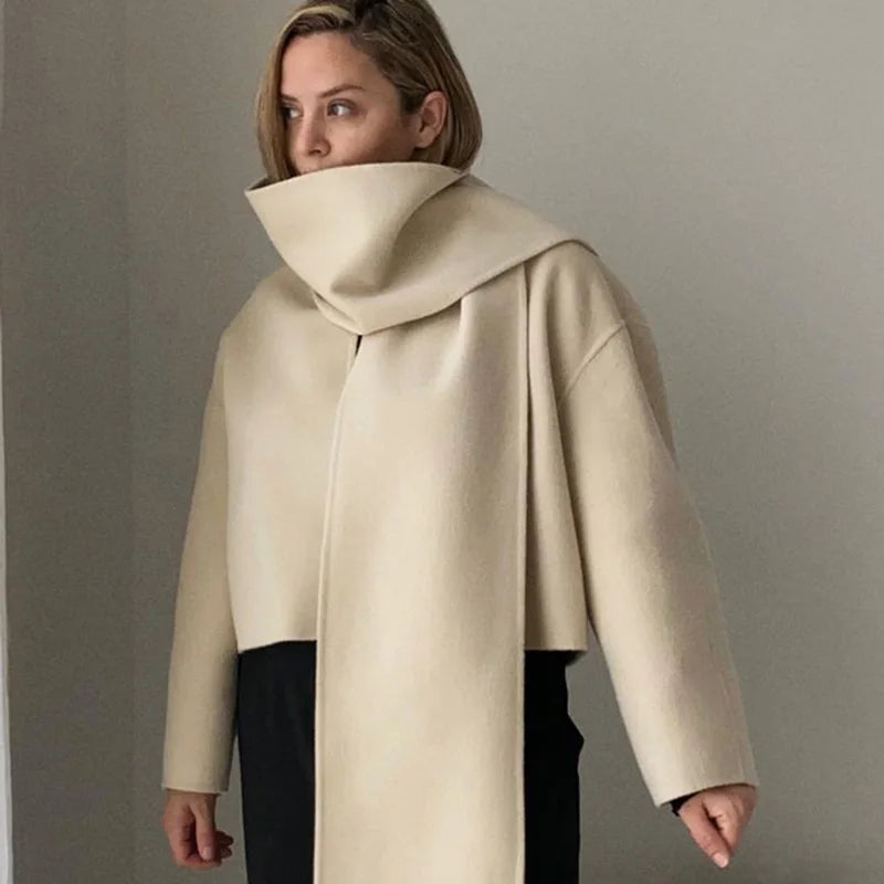 Elegant Woolen Trench Scarf Collar Coat Women Fashion Vintage Windbreakers Jacket Winter Loose Single Breasted Warm Outerwear Beige