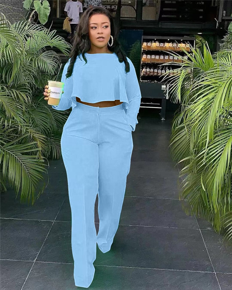 Elegant Work Wear Two Piece Set Fall Clothes for Women Ruffles Crop Top and Wide Leg Pants Suits Matching Sets Sexy Club Outfits Sky Blue