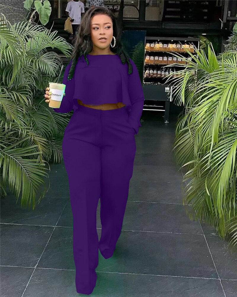 Elegant Work Wear Two Piece Set Fall Clothes for Women Ruffles Crop Top and Wide Leg Pants Suits Matching Sets Sexy Club Outfits Purple