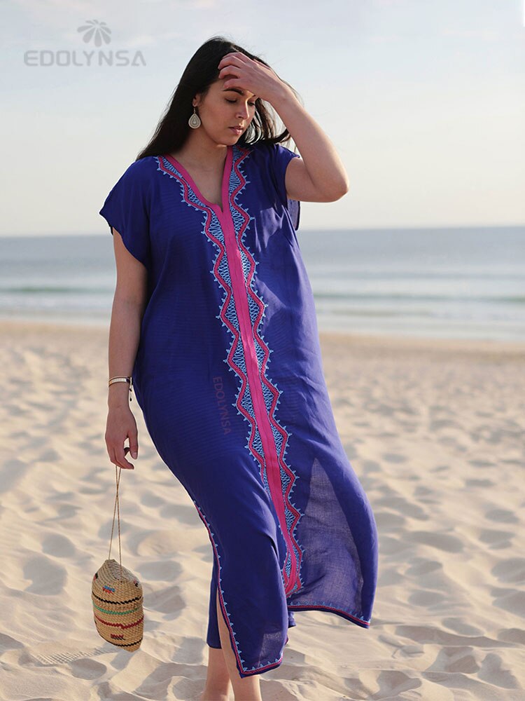 Embroidery Cotton Beach Kaftan Cover up Saida de Praia Swimsuit Bikini cover up Tunics Q836-576 One Size