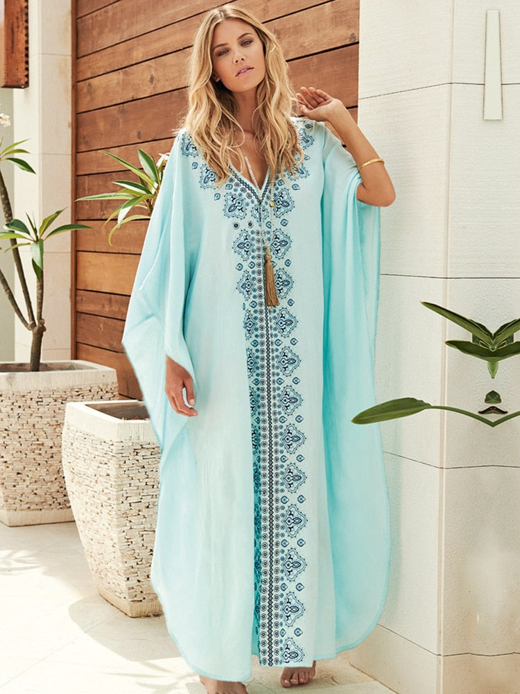 Embroidery Cotton Beach Kaftan Cover up Saida de Praia Swimsuit Bikini cover up Tunics Q576-576 One Size