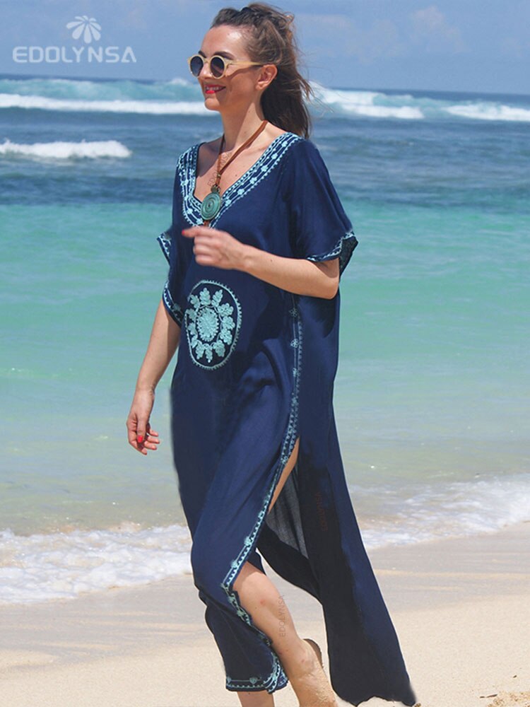 Embroidery Cotton Beach Kaftan Cover up Saida de Praia Swimsuit Bikini cover up Tunics Q643 Blue-576 One Size