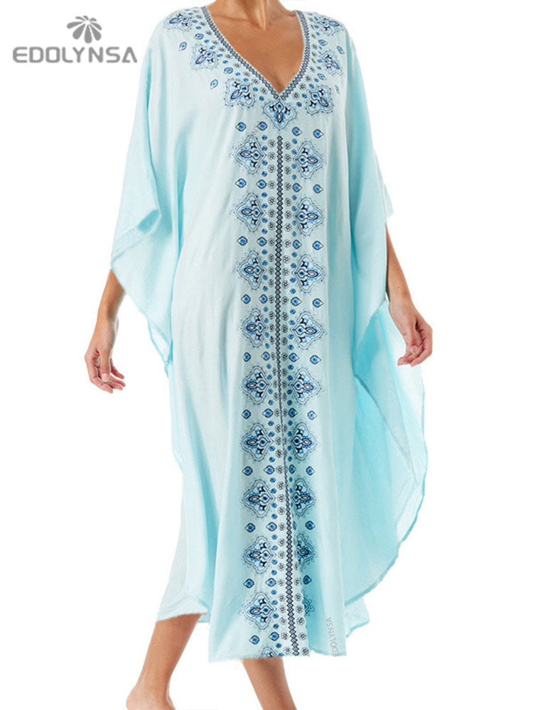 Embroidery Long Kaftan Cover up Saida de Praia Swimsuit Women Bikini Cover-ups Tunics for Beach Pareo Sarong Beachwear Q643 Q576-643 One Size
