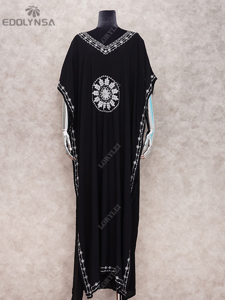Embroidery Long Kaftan Cover up Saida de Praia Swimsuit Women Bikini Cover-ups Tunics for Beach Pareo Sarong Beachwear Q643