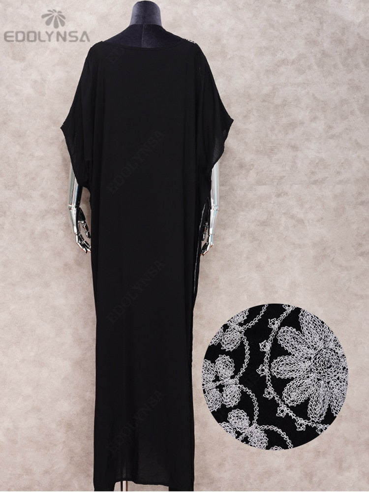 Embroidery Long Kaftan Cover up Saida de Praia Swimsuit Women Bikini Cover-ups Tunics for Beach Pareo Sarong Beachwear Q643