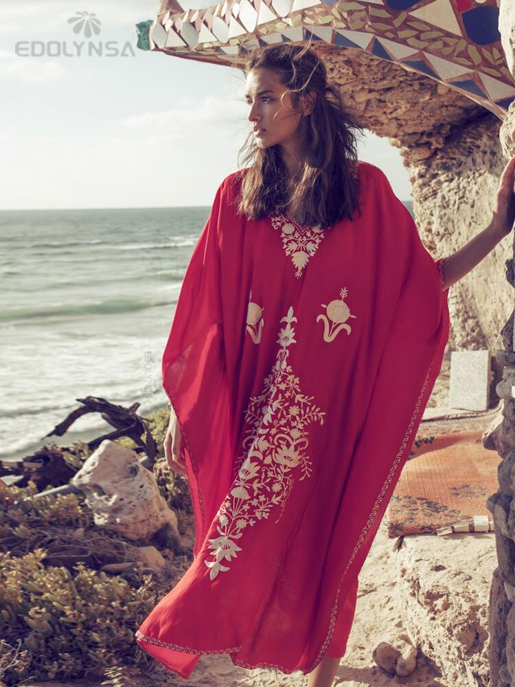 Embroidery Long Kaftan Cover up Saida de Praia Swimsuit Women Bikini Cover-ups Tunics for Beach Pareo Sarong Beachwear Q643 Q855-643 One Size