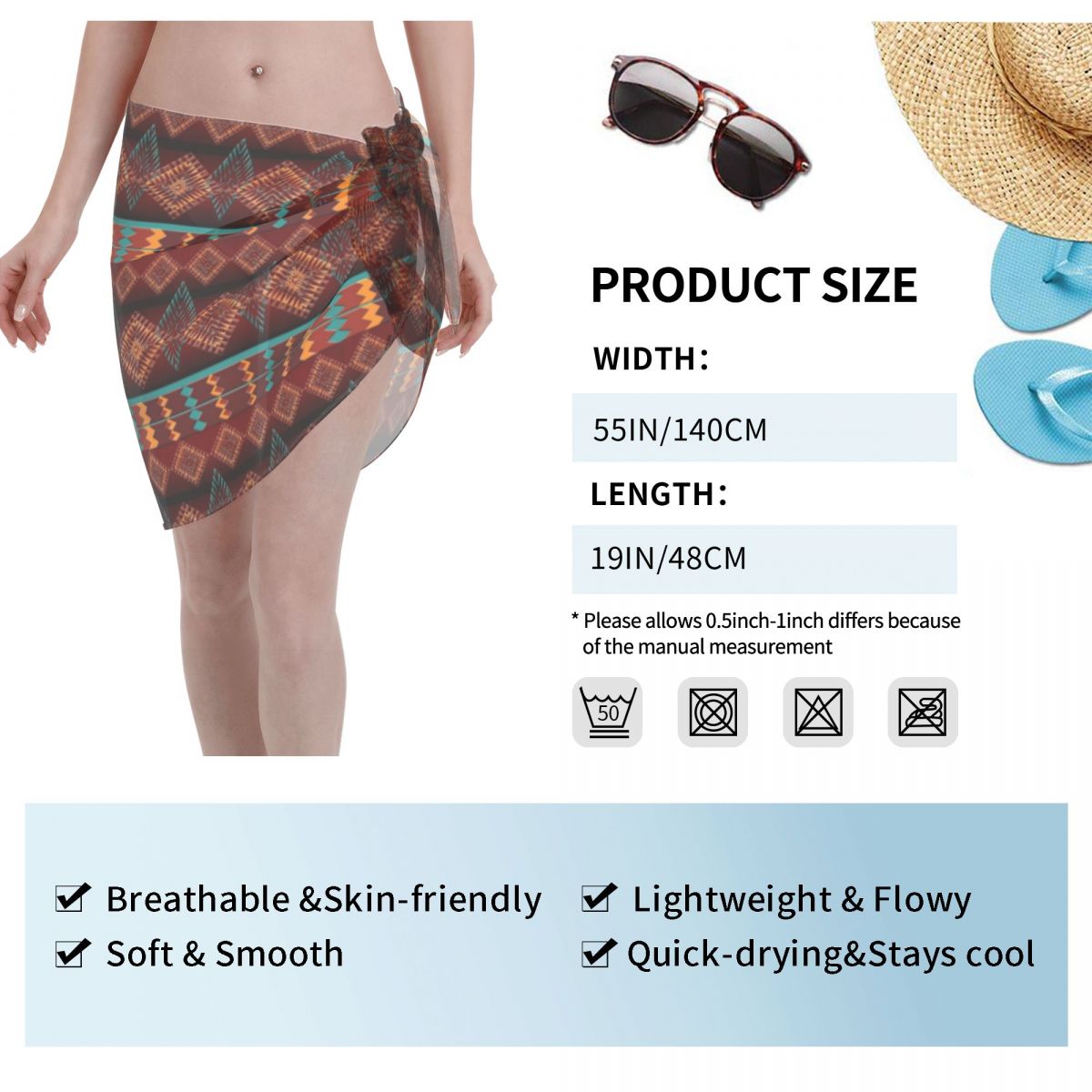 Ethnic Southwestern Navajo Polyester Swimwear Pareo Scarf Cover Ups Bikinis Cover-Ups Skirts Beach Dress