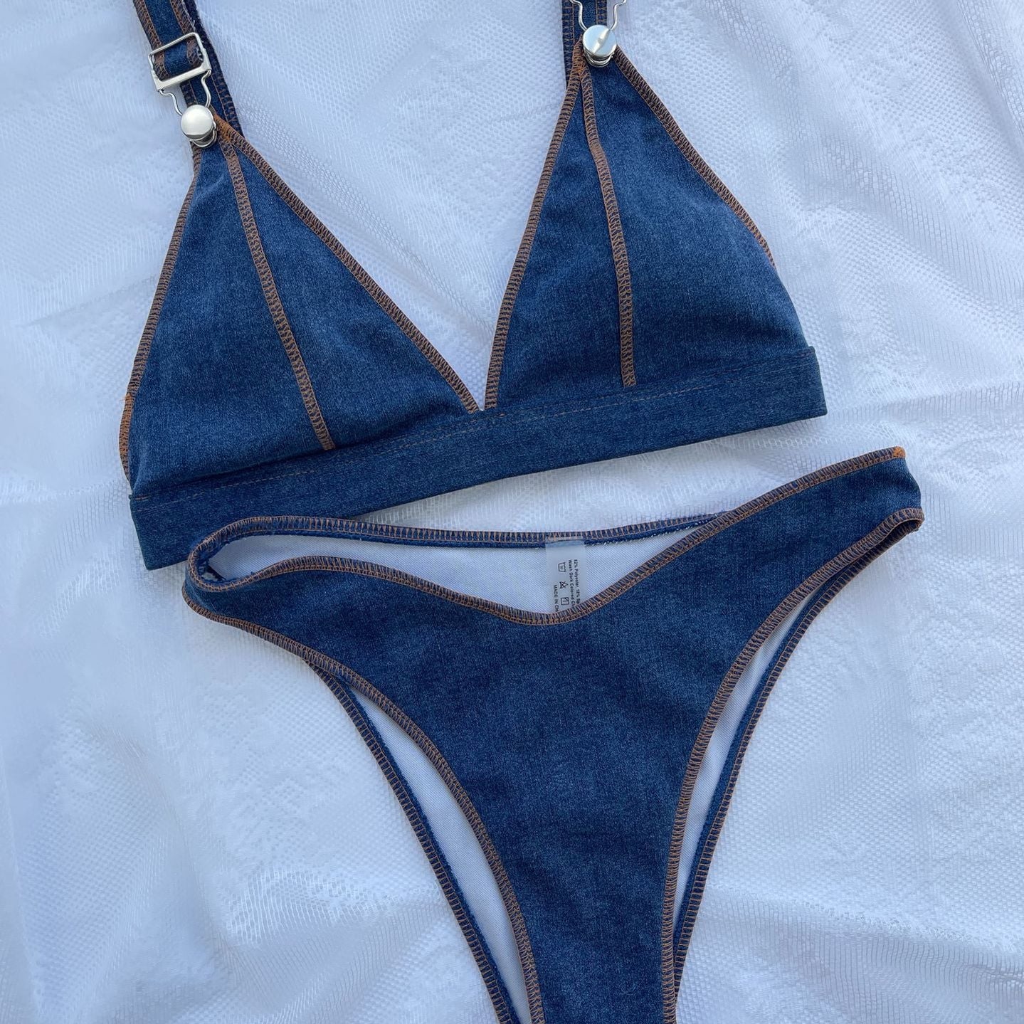 Euro American Bikini Denim Blue Solid Denim Blue
