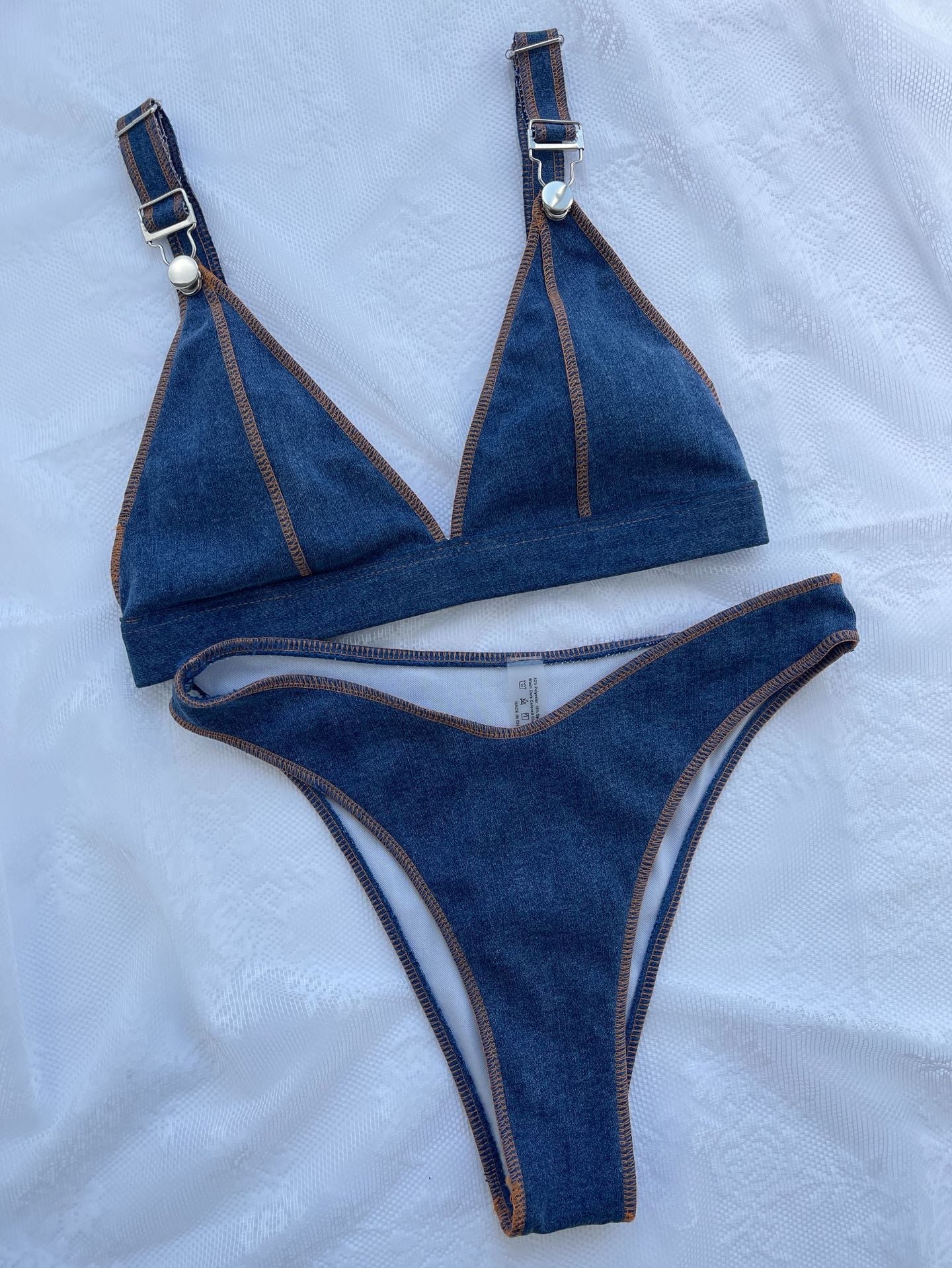 Euro American Bikini Denim Blue Solid Denim Blue