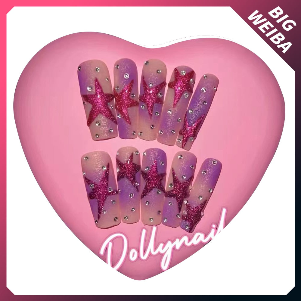 Europe and America Star Long Coffin Nail Slice Purple Handmade Hot Girl Party Jewelry False Nail Sticker Girls Gift Accessories
