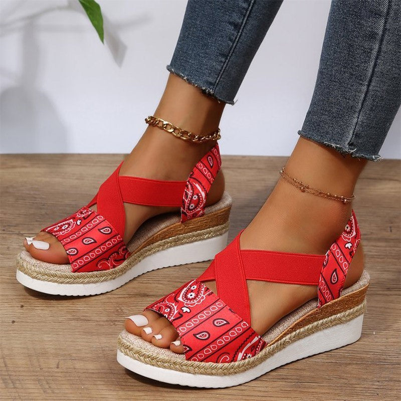 Europe and America summer New Large Size Women's Sandals Casual Open Toe Wedged Hemp Rope Sandals One-line Buckle Shoes Red